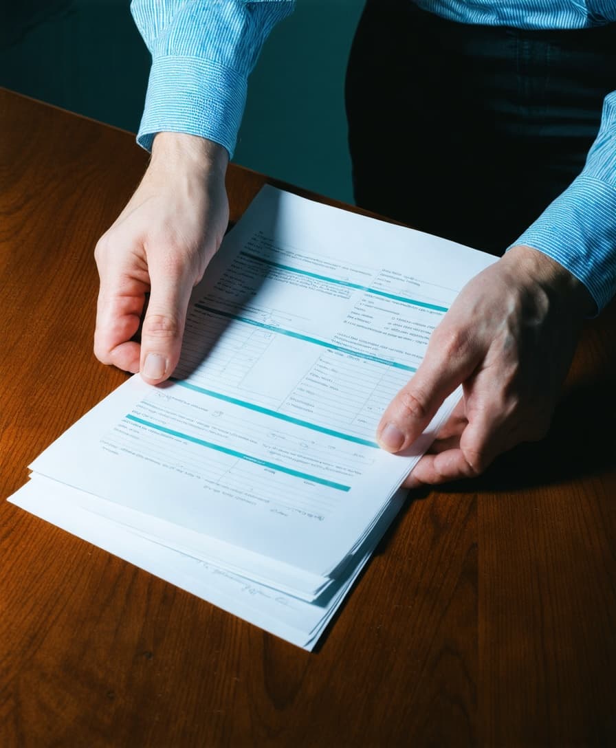 Hands reviewing medical records on a wood desk — the evidence behind every malpractice case